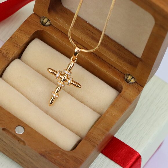 "Rose Gold Cross Pendant with CZ Ring Accents in Modern Sleek Style, XPPT1819 - Picture 8 of 13